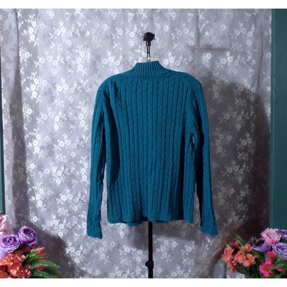 L.L. Bean Teal Cable Knit Zip Up Cardigan Size XL Mock Neck Cotton Heritage Cozy - Picture 2 of 6